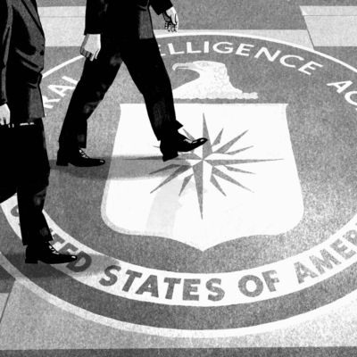 Figures of people walking on the CIA logo at CIA headquarters in Langley, VA.