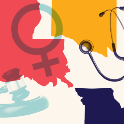 A colorful collage of states and graphics, including a gavel and stethoscope
