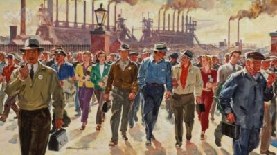 painting of crowd of workers leaving factory