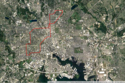 Aerial photo of Baltimore with red trace showing movement path
