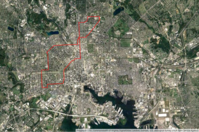 Aerial photo of Baltimore with red trace showing movement path