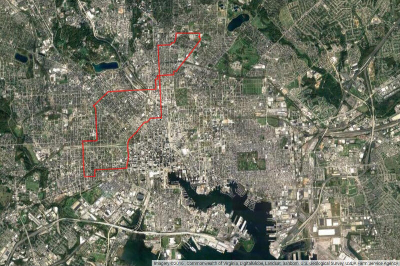 Aerial photo of Baltimore with red trace showing movement path