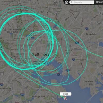 Flight path over Baltimore -- screen capture from Flightradar24.com by Pete Cimbolic