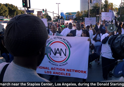 Groups march near the Staples Center, Los Angeles, to protest Donald Sterling.