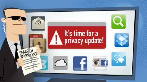 A cartoon of a screen with many app logos, and the words "It's time for a privacy update!"