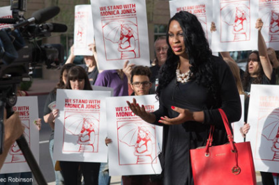 Monica Jones at a press conference