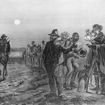 Illustration showing a guard with a lantern checking the passes of African-American men traveling on a levee road at night.