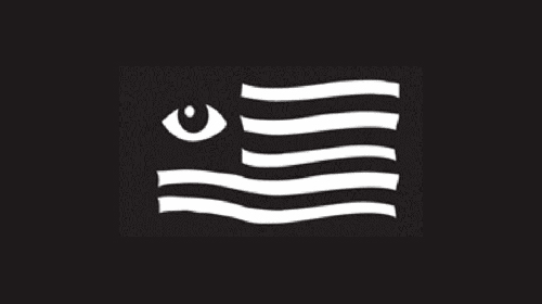 a black flag with white stripes and a white eye