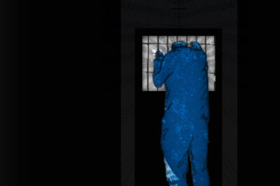 A painting of a prisoner in a dark cell with his back to the viewer holding on to the prison bars