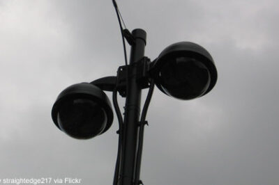 Photo of two domed cameras against a gray sky