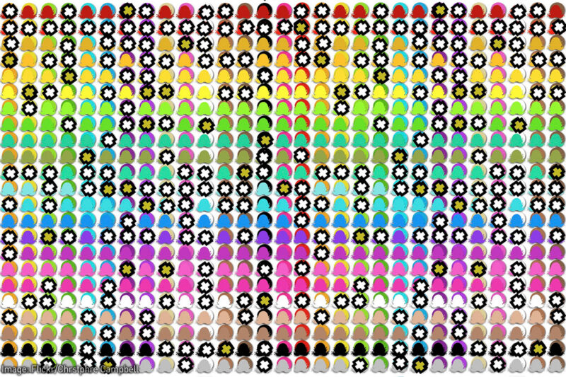 Pattern showing faces, some with x's on them