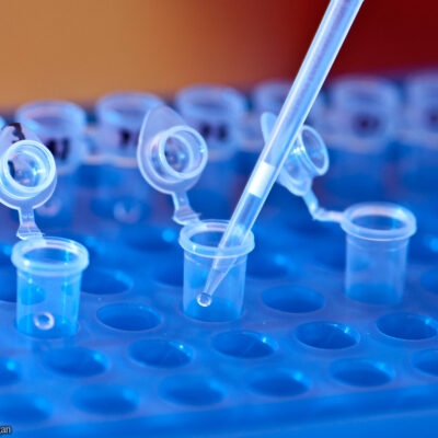 A pipette putting a drop in a vial in a lab setting