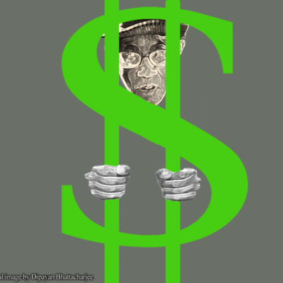 Image of man behind bars of dollar sign