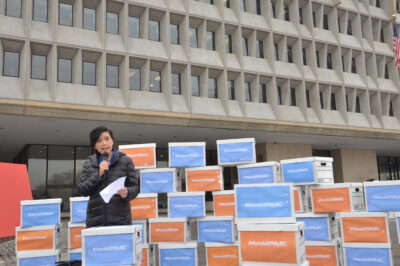 Rep Judy Chu (D-Calif.) speaks at the petition delivery