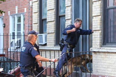 police officers with dog enter home to search it