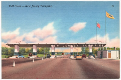 Classic postcard of New Jersey Turnpike toll plaza