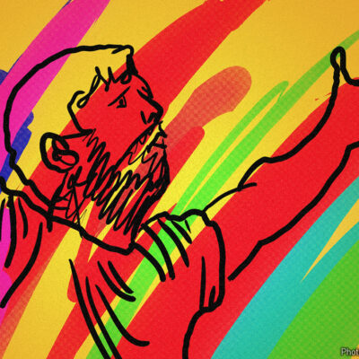 Painting of man with arms outstretched, speaking