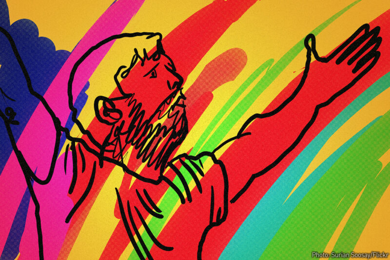 Painting of man with arms outstretched, speaking