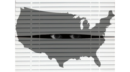 A pair of eyes looks through a break of venetian blinds while an transparent grey image of the US is in the foreground.