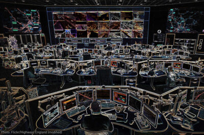 Large room full of surveillance cameras