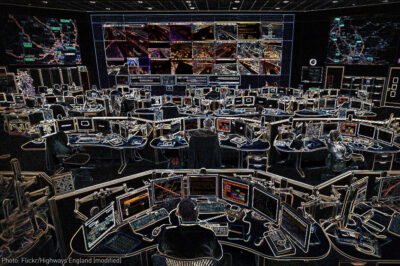 Large room full of surveillance cameras