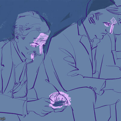 Drawing of three men looking at their phones