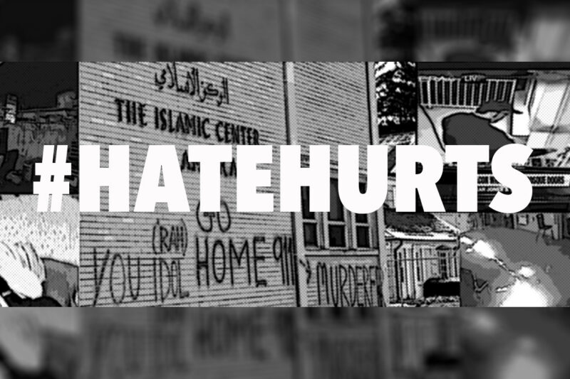 #HATEHURTS over image of an Islamic Center with graffiti on it