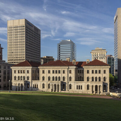 The Court of Federal Appeals (Lewis F. Powell Courthouse) and the skyline of Richmond, Virginia.