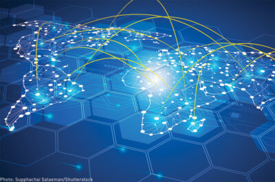 World map with lights connecting data points