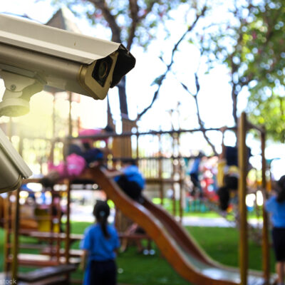 Surveillance cameras on a school playground
