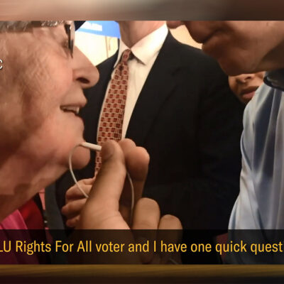 Nina Grey, ACLU’s Rights for All volunteer, questioning Joe Biden