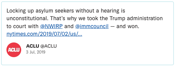 Locking up asylum seekers without a hearing is unconstitutional. That’s why we took the Trump administration to court with @NWIRP and @immcouncil — and won.