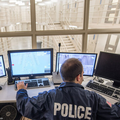 Police officer viewing multiple monitors