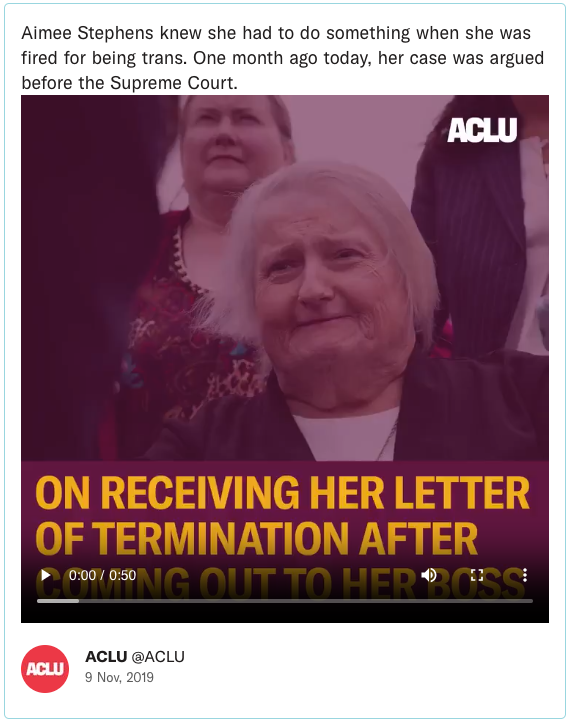 Aimee Stephens knew she had to do something when she was fired for being trans. One month ago today, her case was argued before the Supreme Court.