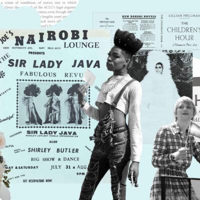 A banner with historical LGBTQ moments and people