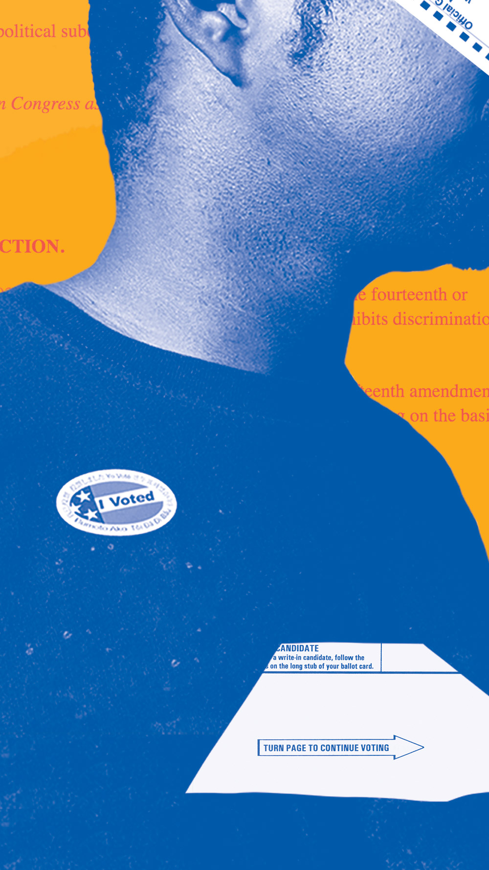 Collage graphic of the Congressional bill, Voting Rights Advancement Act, overlaid with a man wearing a black shirt and a small "I Voted" sticker.