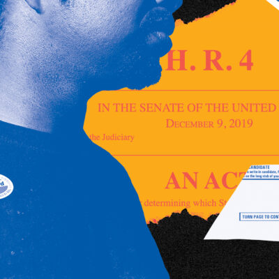 Person wearing blue with an I voted sticker