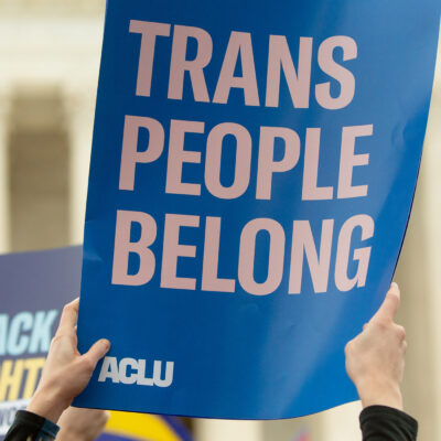 Someone holding up a poster in front of the Supreme Court that reads "trans people belong" and in the background, another person holds a poster that says "don't roll back our rights." This is in the face of trans discrimination and at a time when SCOTUS has a number of cases on the docket that affect trans lives.