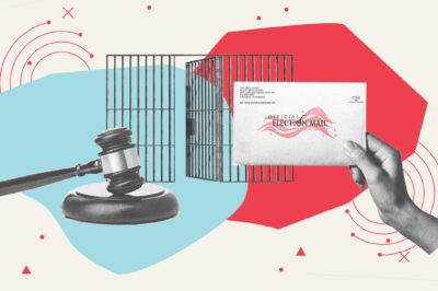 Collage by the ACLU, picturing a judge's gavel, a voting mail envelope, and a cage.