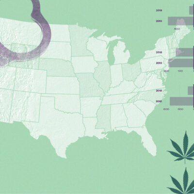 Graphic with a map of the US, handcuffs, charts, and marijuana leaves