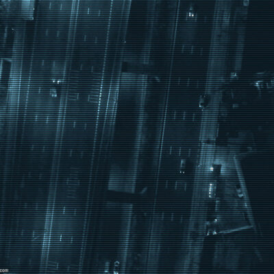 Aerial view of a freeway at night.