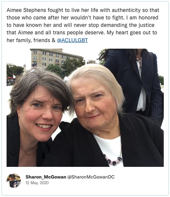 Aimee Stephens fought to live her life with authenticity so that those who came after her wouldn’t have to fight. I am honored to have known her and will never stop demanding the justice that Aimee and all trans people deserve. My heart goes out to her family, friends & @ACLULGBT