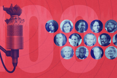 A banner with the faces of several At Liberty guests.