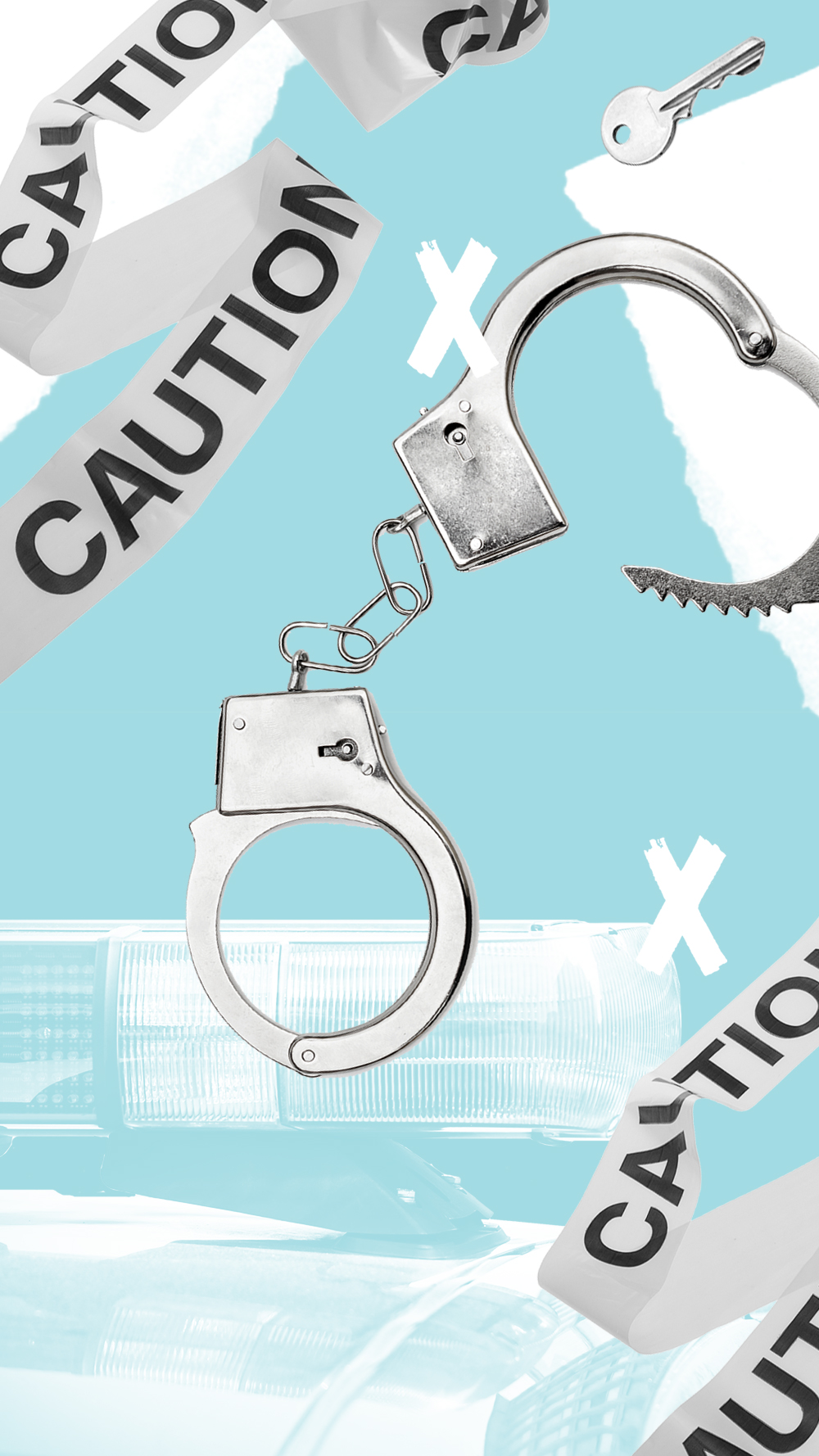 A collage of handcuffs and caution tape on blue background.