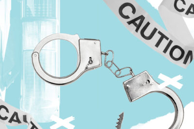 A collage of handcuffs and caution tape on blue background.