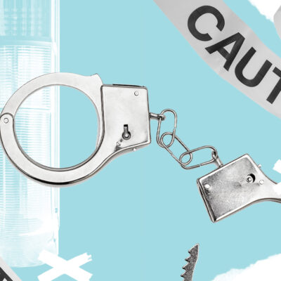 A collage of handcuffs and caution tape on blue background.