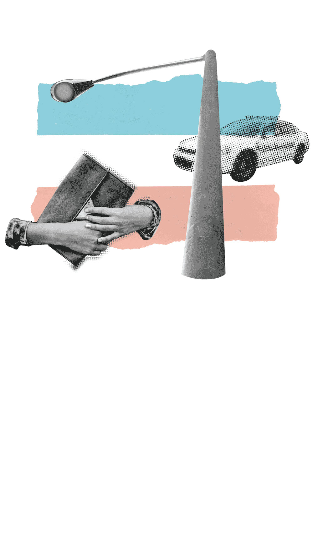 Two hands holding a purse near a street lamp and police car on a background with the trans flag colors.