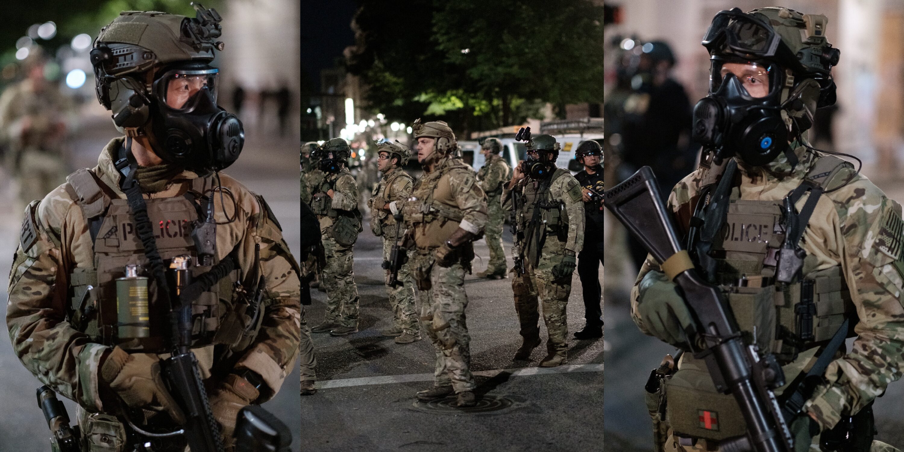 Heavily armed federal agents block the street in front of the federal courthouse in downtown Portland on July 5.