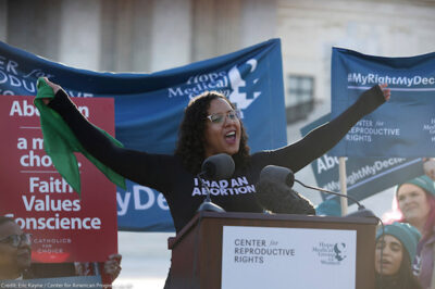 Renee Bracey Sherman, of We Testify, speaks to supporters organized by the Center for Reproductive Rights during a rally at the U.S. Supreme Court during oral arguments for June Medical Services v. Russo