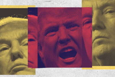 Montage of Donald Trump's face.